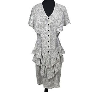 Vintage 80s Pistachio Dress Women Size 11-12 White Black Polka Dot Pin Up Ruffle